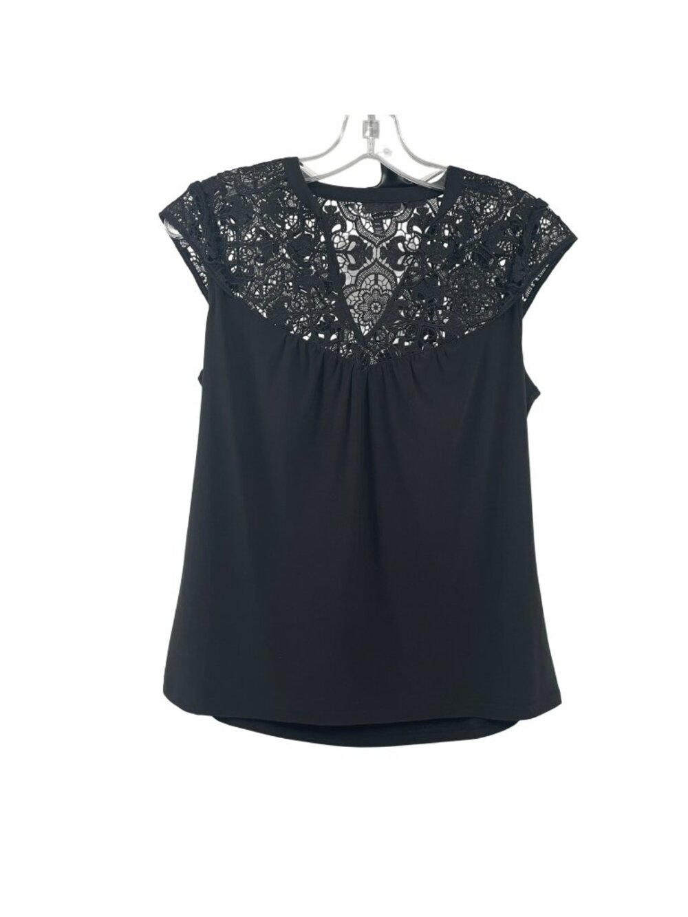 WHBM Womens Cap Sleeve Top Crochet Neck Black Size XS